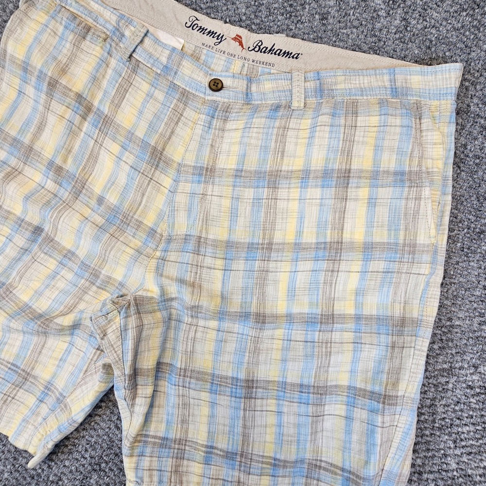 Tommy Bahama Mens Plaid Linen Tencel Blend Shorts Blue Yellow Size‎ 42